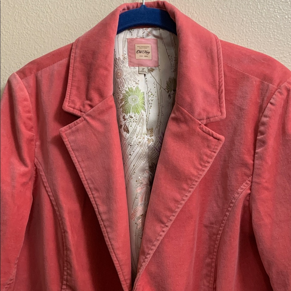 Vintage Old Navy Y2K Pink Velvet Large Blazer Floral Brocade Lined Pockets.   V - Picture 2 of 10